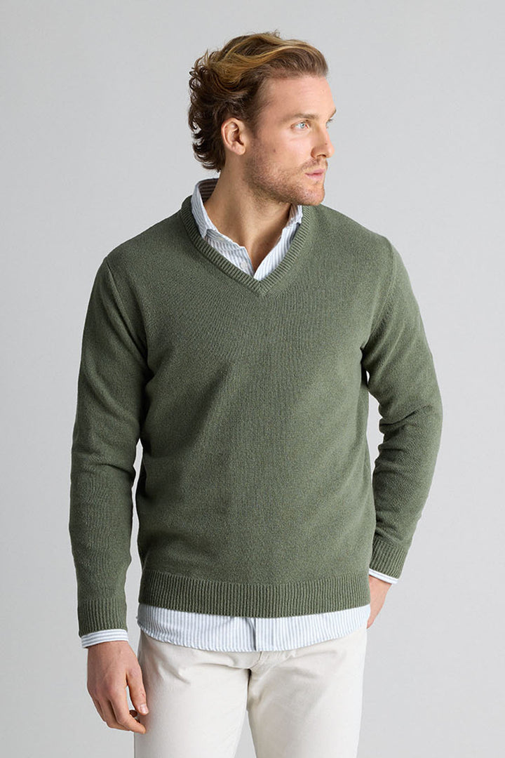 Lambswool Hunting Green V-Neck Sweater 