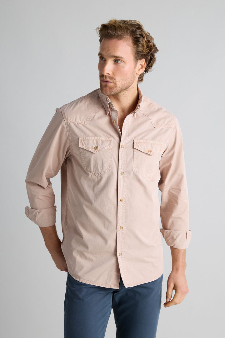 Camisa Tejana Algodón Beige Arena Botón Cuerno