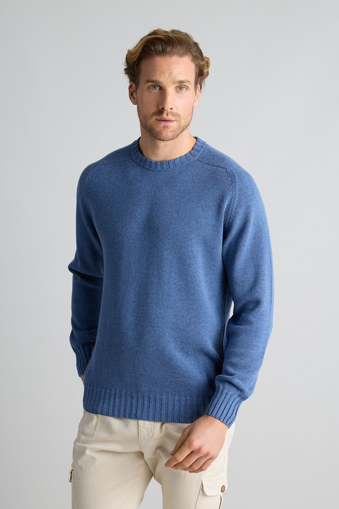 100% Cotton Horseshoe Neck Sweater Steel Blue 