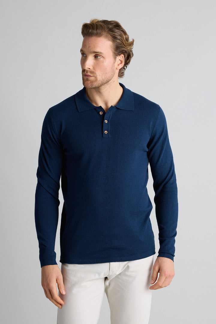 PRE ORDER - Polo Punto Manga Larga Azul Marino Cuello Botones Cuerno