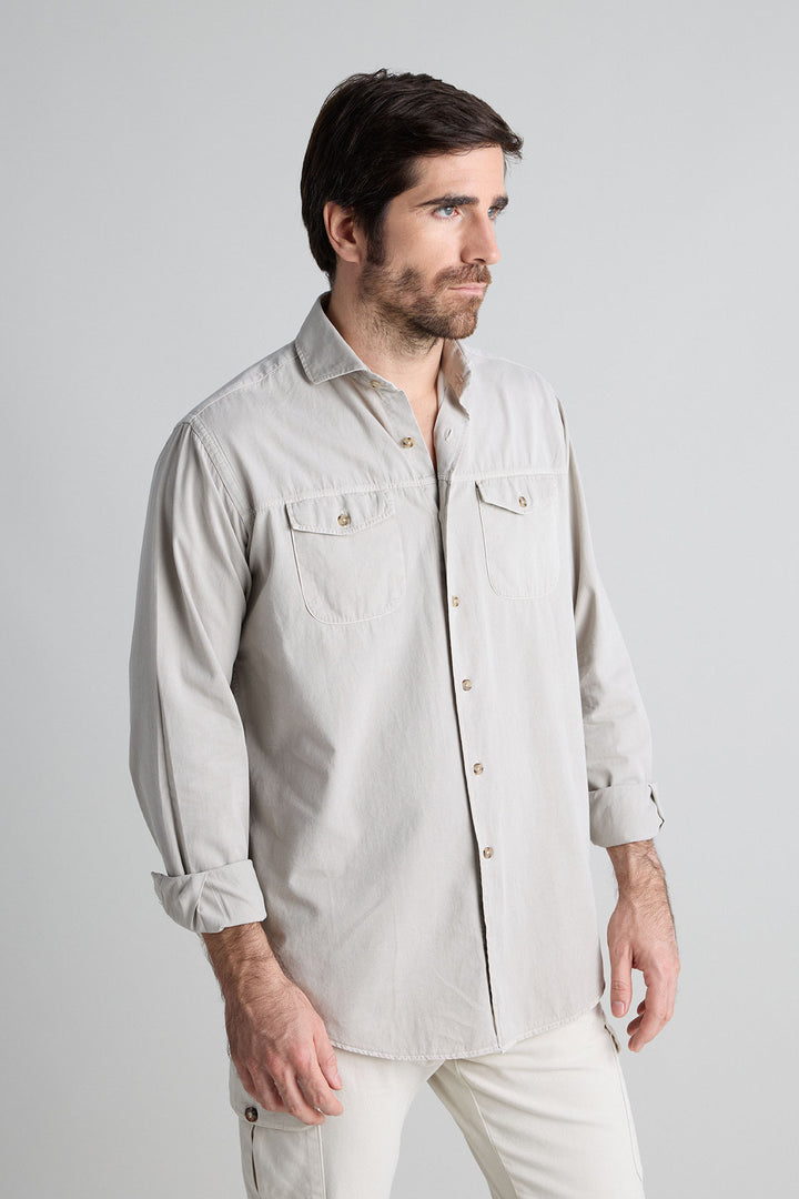 Camisa Costura Horizontal Beige Arena Doble Bolsillo Pecho