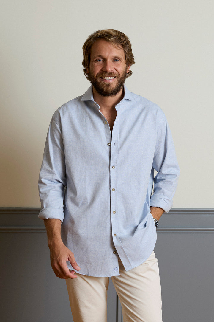 Sky Blue Cotton Canutillo Shirt with Horn Button