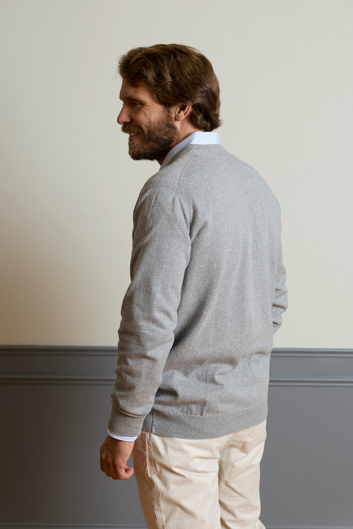 Light Grey Cotton V-Neck Sweater
