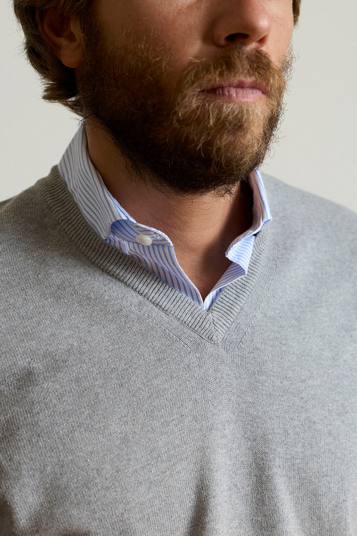 Light Grey Cotton V-Neck Sweater