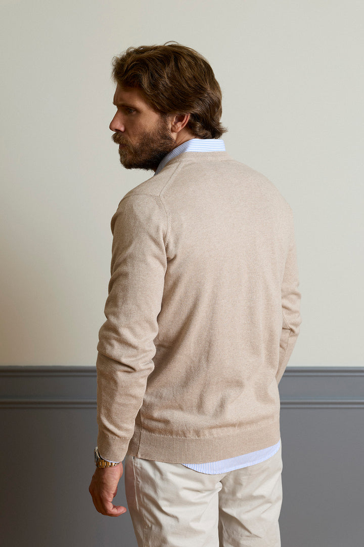Fine Beige Cotton V-Neck Sweater