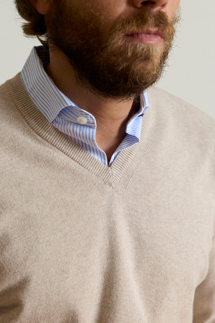 Fine Beige Cotton V-Neck Sweater