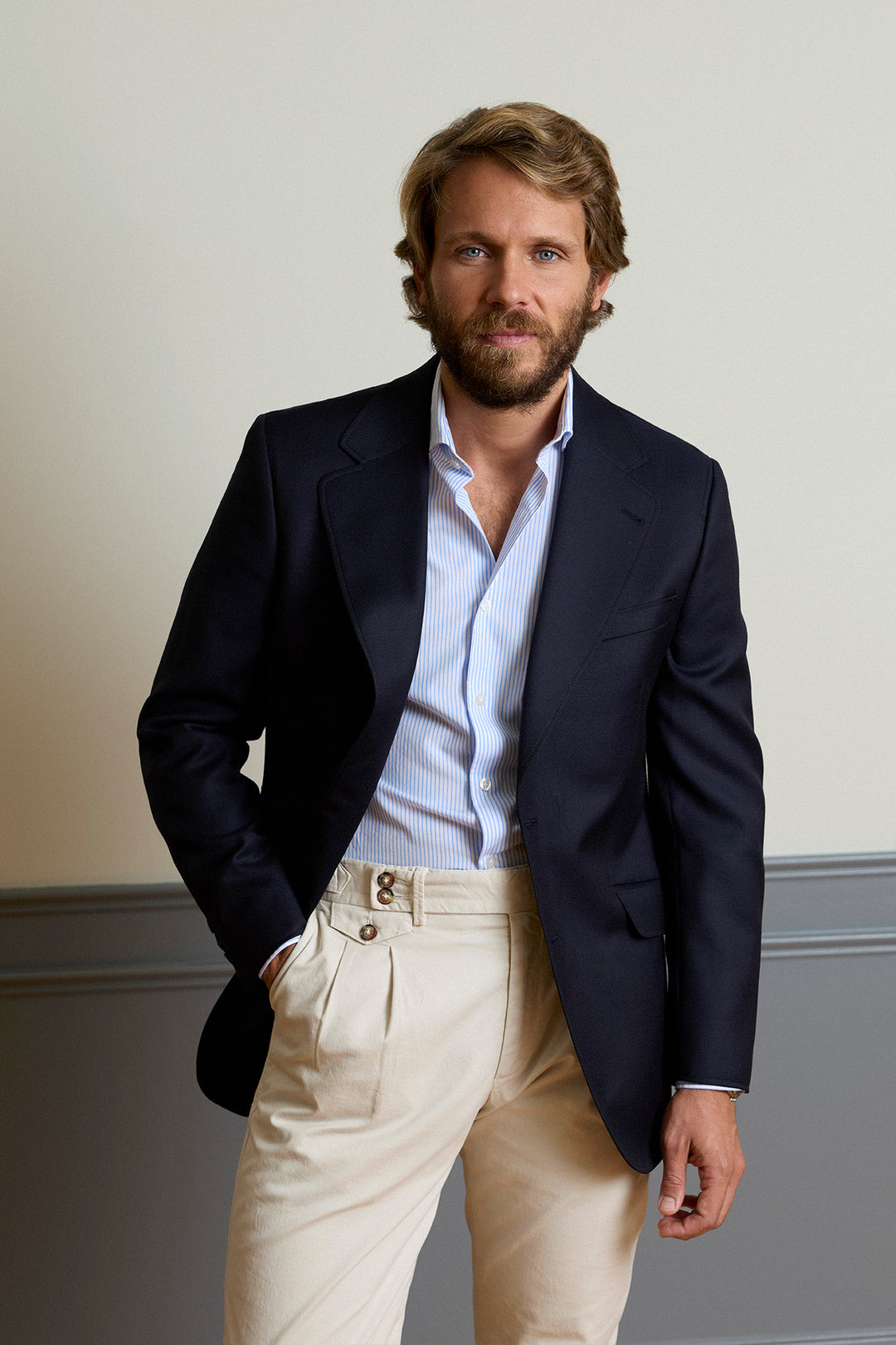 Americana Vestir Esterilla Marino Solapa Clásica 9,5 cm