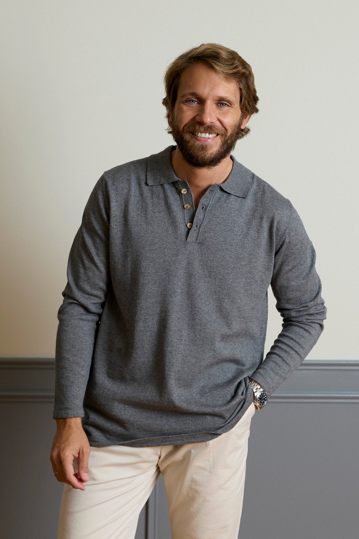 Old Jeffrey | Grey Long Sleeve Knit Polo with Half Horn