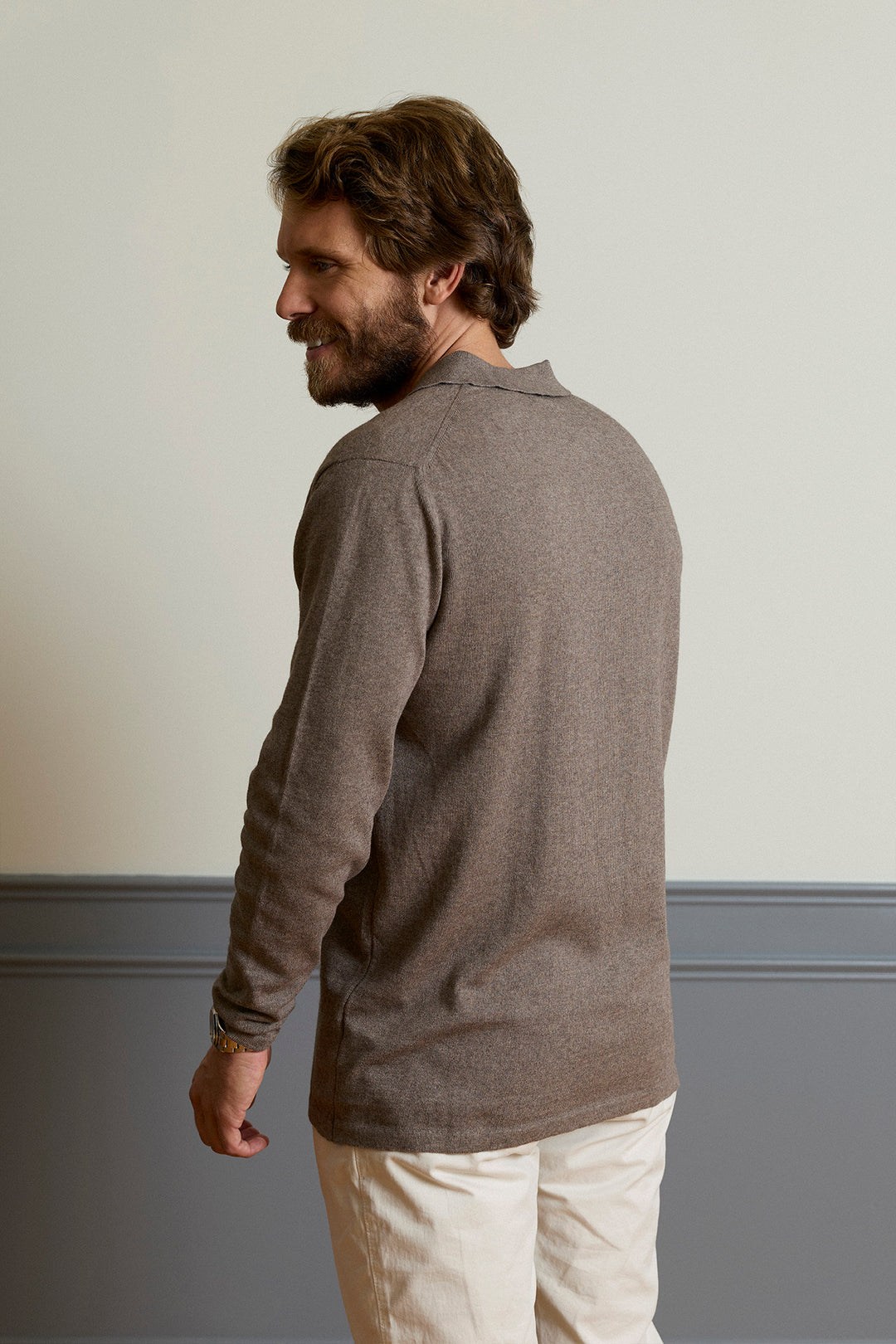 Mocha Brown Long Sleeve Knit Polo with Horn Buttons Collar