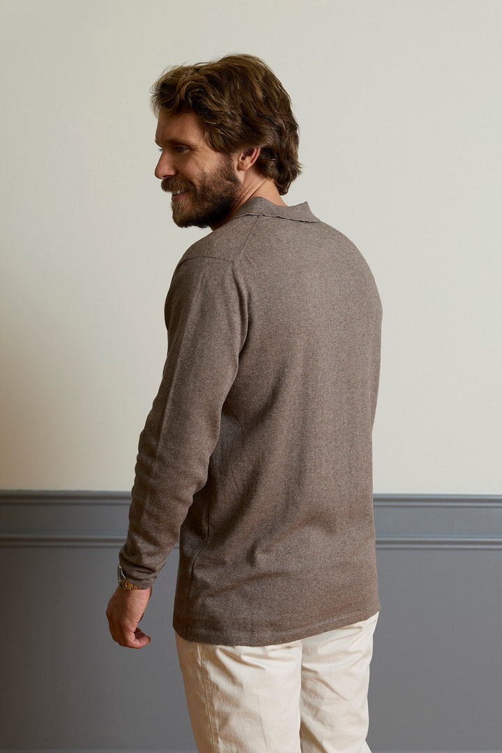 Mocha Brown Long Sleeve Knit Polo with Horn Buttons Collar