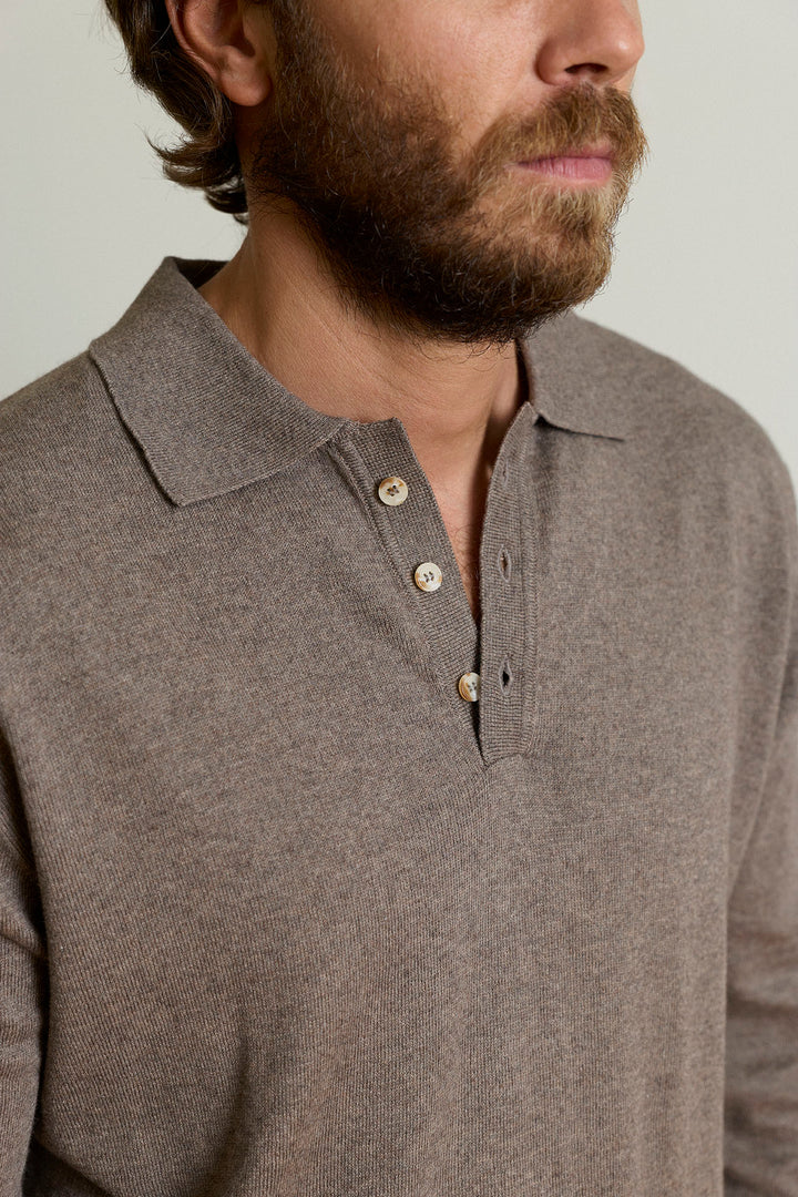 Mocha Brown Long Sleeve Knit Polo with Horn Buttons Collar
