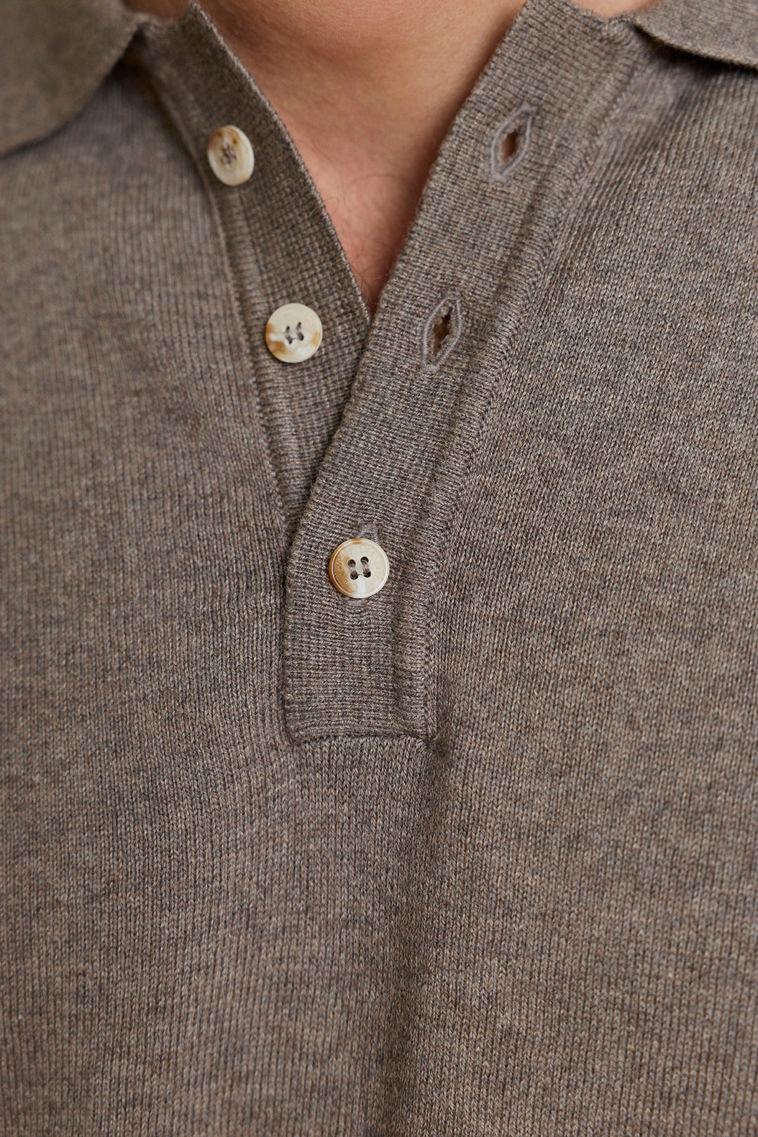Mocha Brown Long Sleeve Knit Polo with Horn Buttons Collar