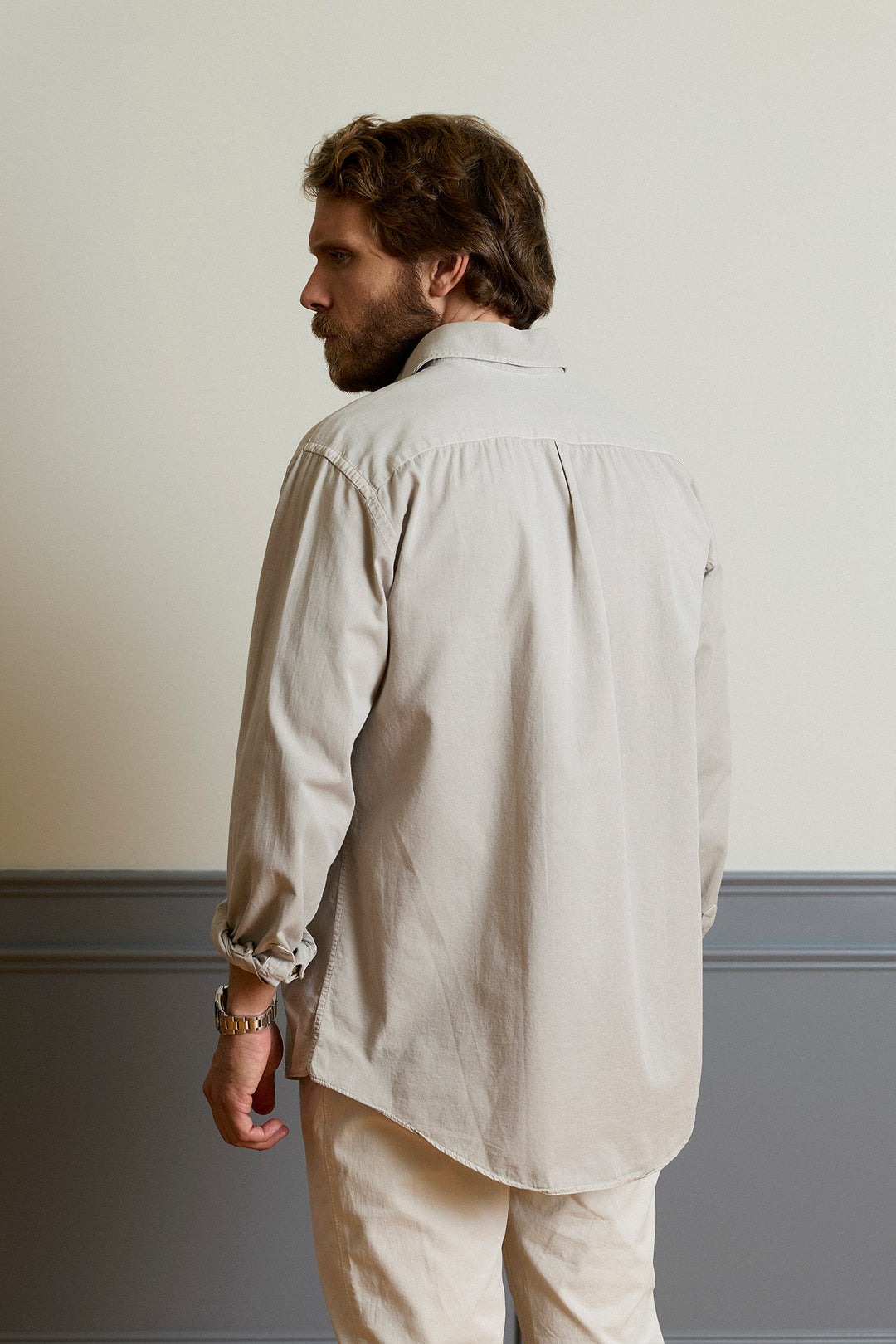 Sand Beige Horizontal Stitching Shirt Double Chest Pocket