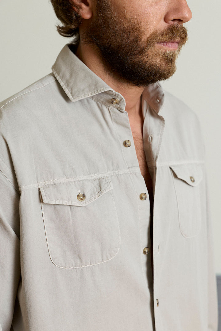 Sand Beige Horizontal Stitching Shirt Double Chest Pocket