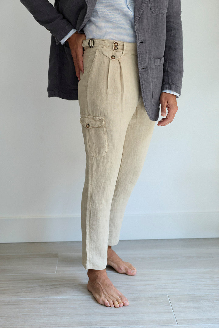 Beige Linen Tailored Cargo Pants