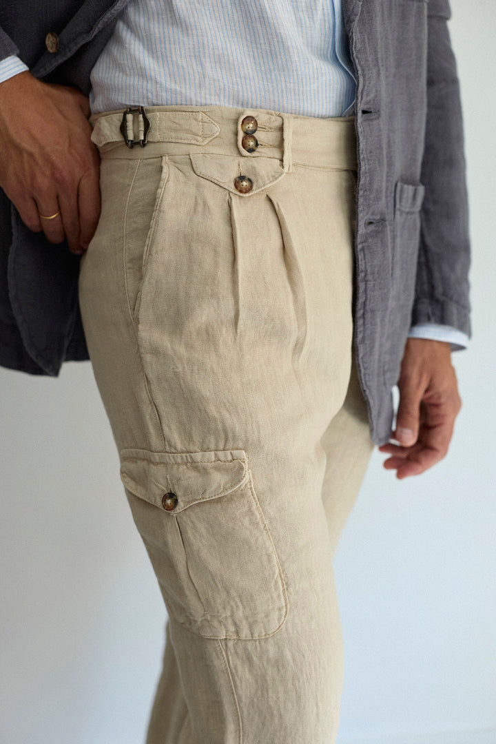 Beige Linen Tailored Cargo Pants