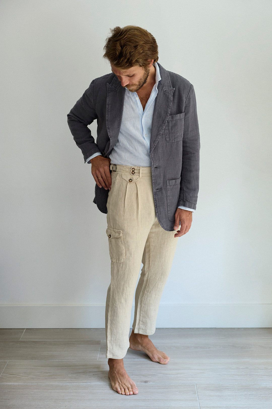 Beige Linen Tailored Cargo Pants