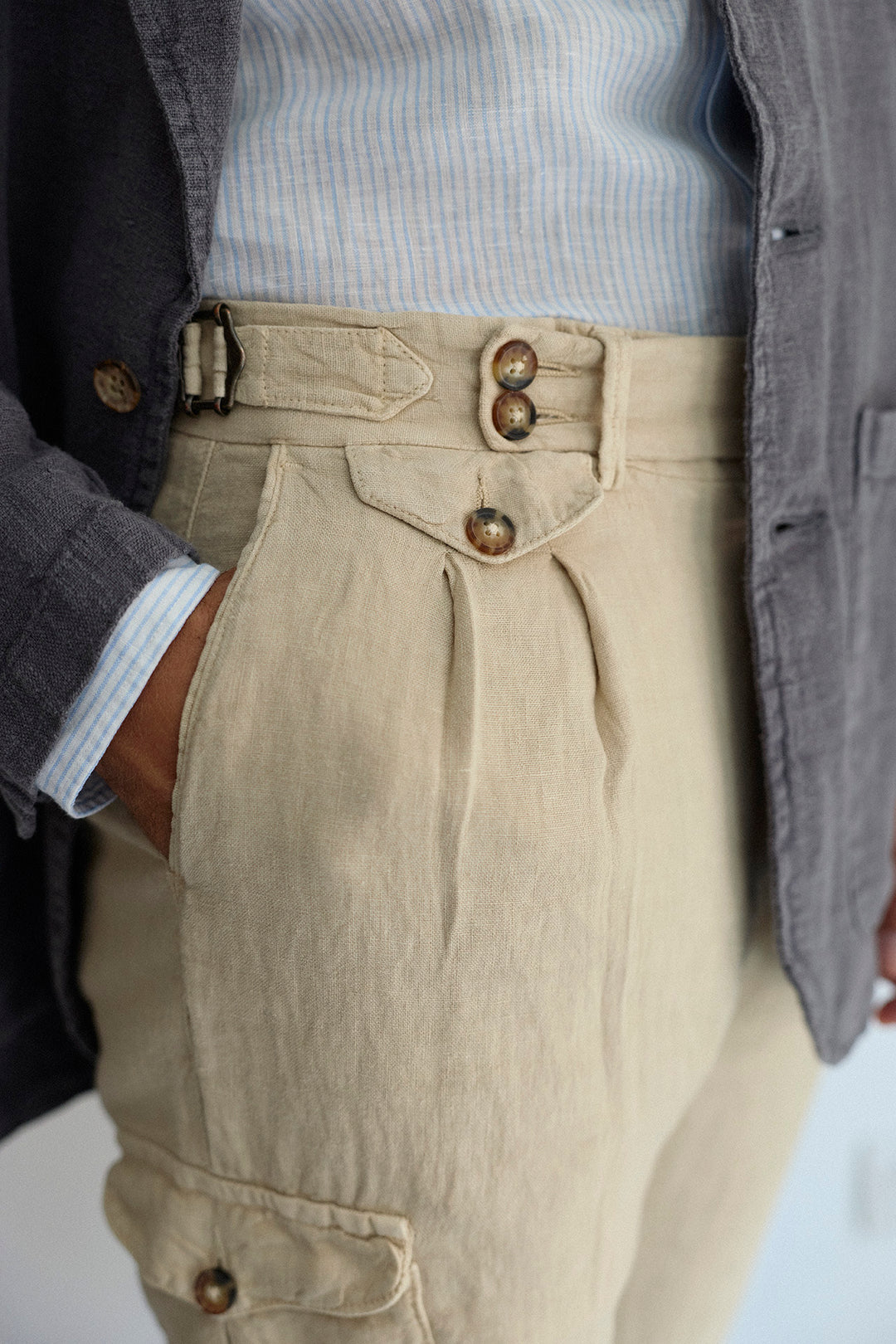 Beige Linen Tailored Cargo Pants