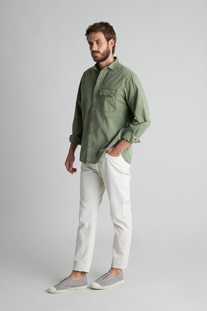 Distressed Khaki Cotton Shirt with Chest Pocket