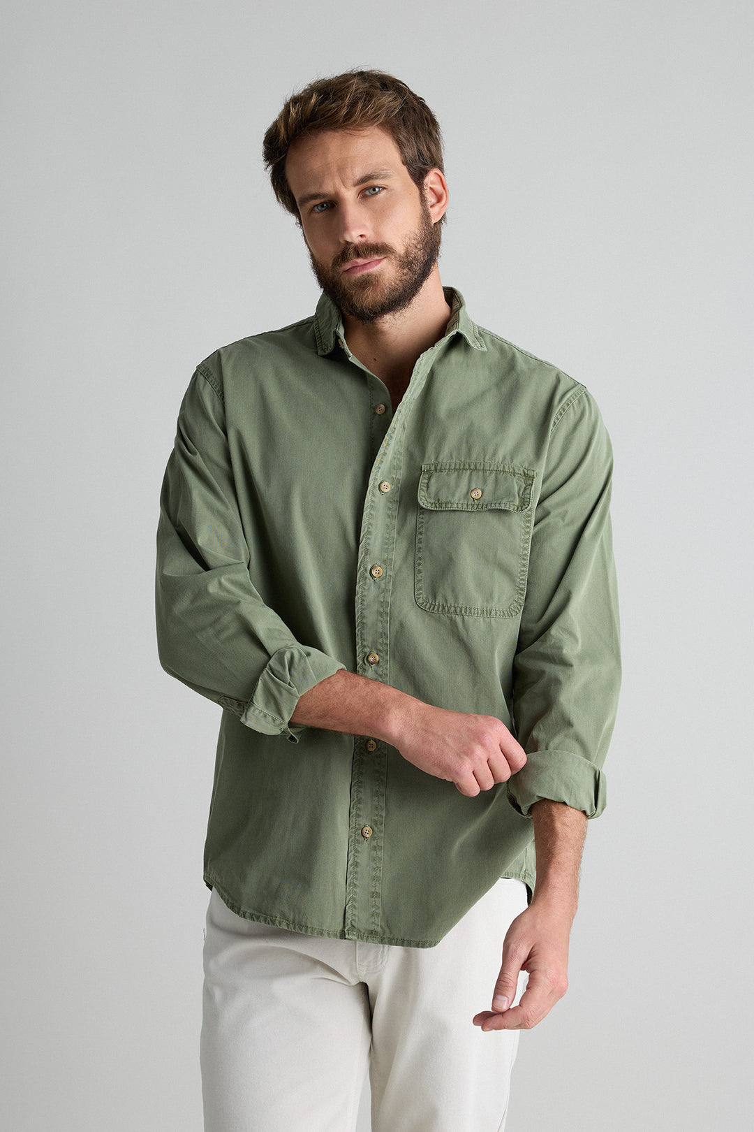 Distressed Khaki Cotton Shirt with Chest Pocket