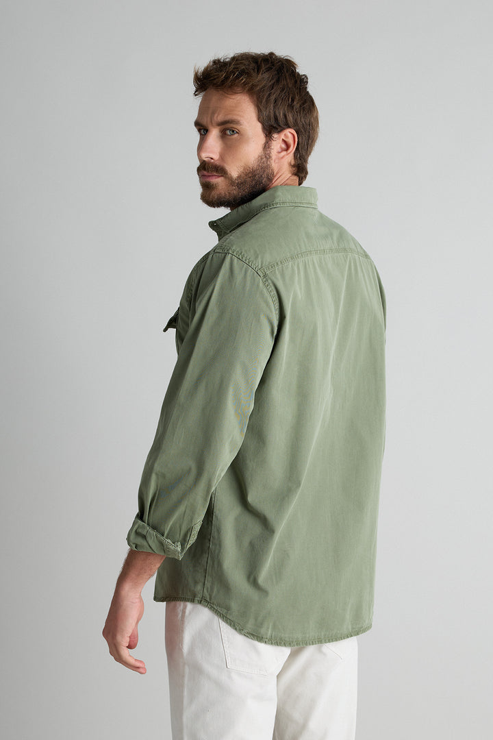 Distressed Khaki Cotton Shirt with Chest Pocket