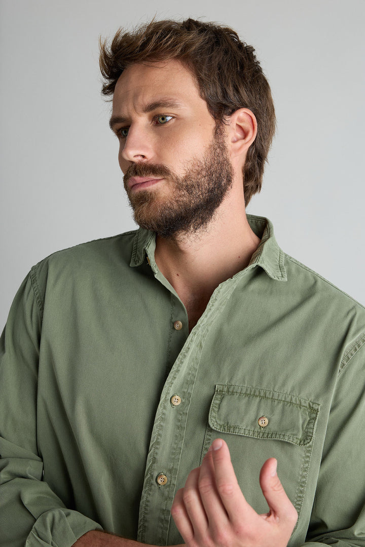 Distressed Khaki Cotton Shirt with Chest Pocket