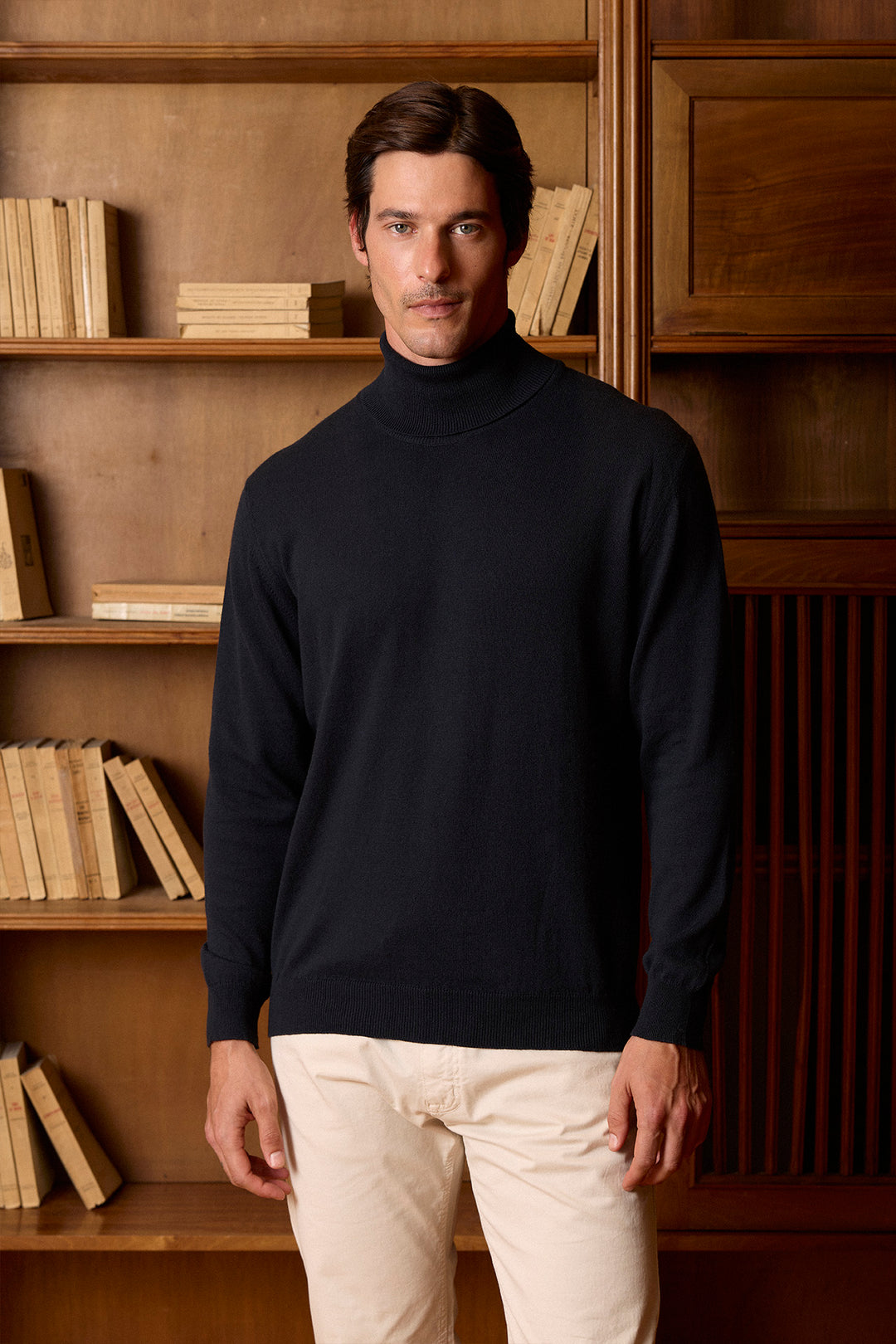 Navy Blue Cotton Fine Turtleneck Sweater