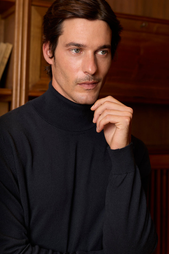 Navy Blue Cotton Fine Turtleneck Sweater