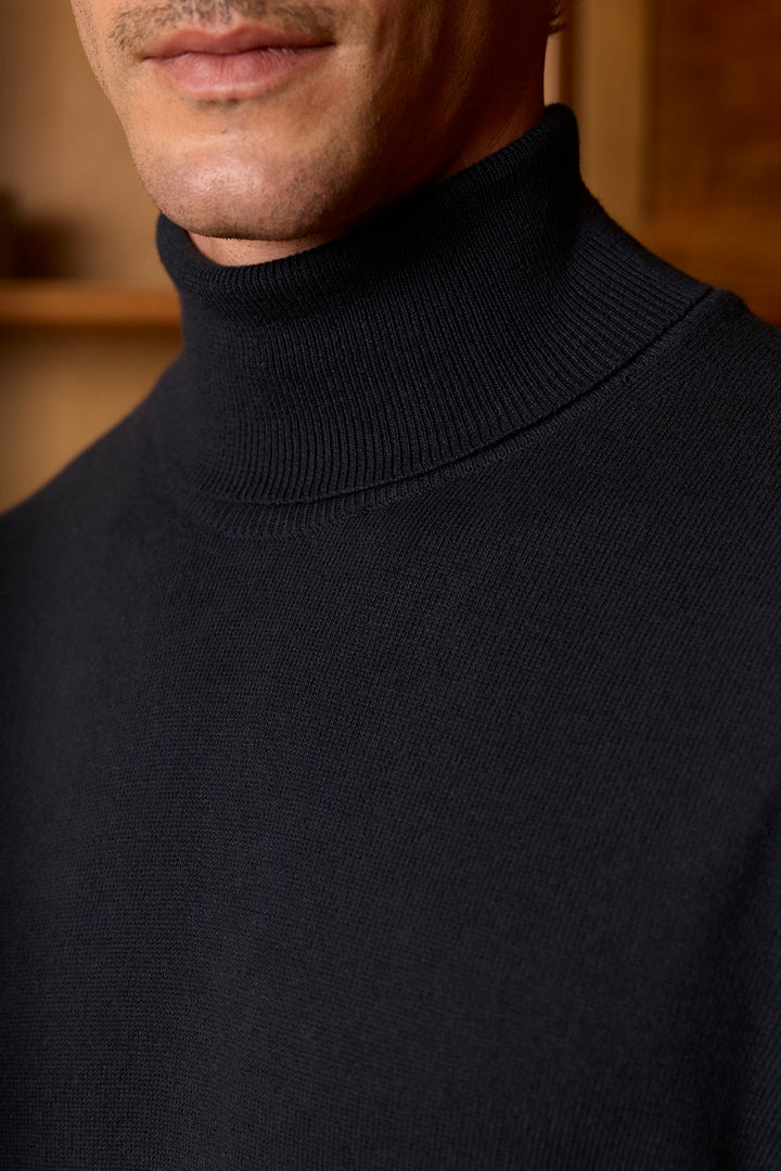 Navy Blue Cotton Fine Turtleneck Sweater