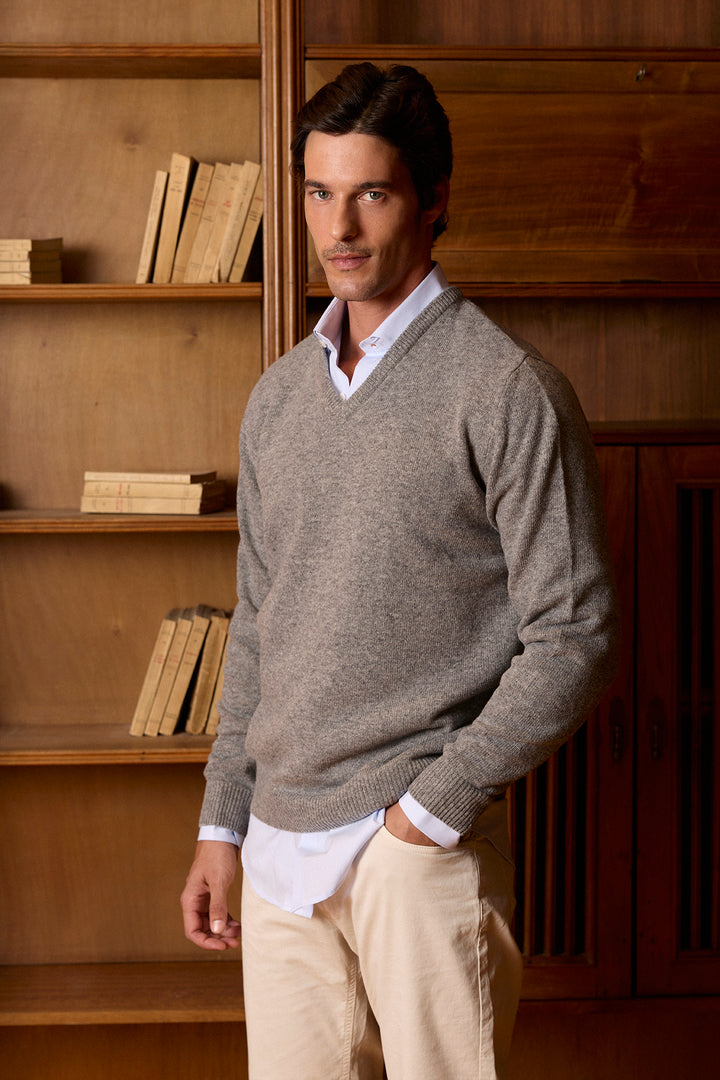 Lambswool Medium Grey V-Neck Sweater