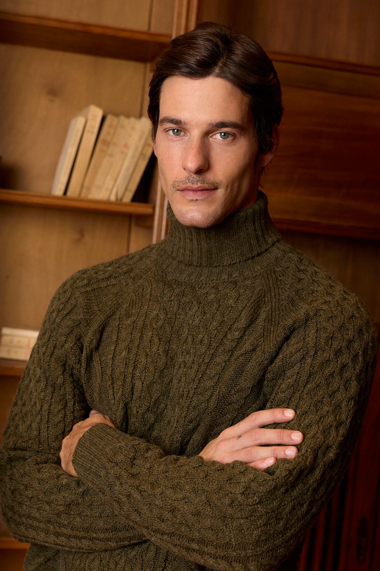 Old Jeffrey | Khaki Green Lambswool Turtleneck Cable Knit Jumper