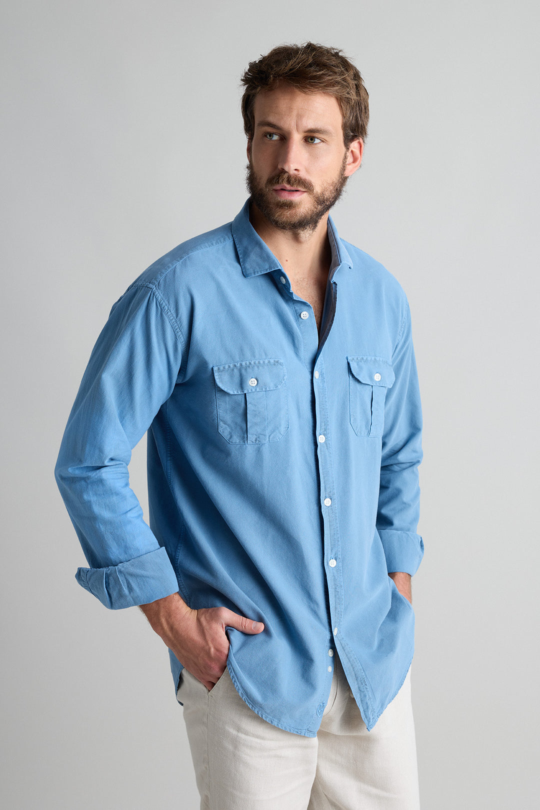 Camisa Algodón Granulado Azul Plomo Doble bolsillo Pecho