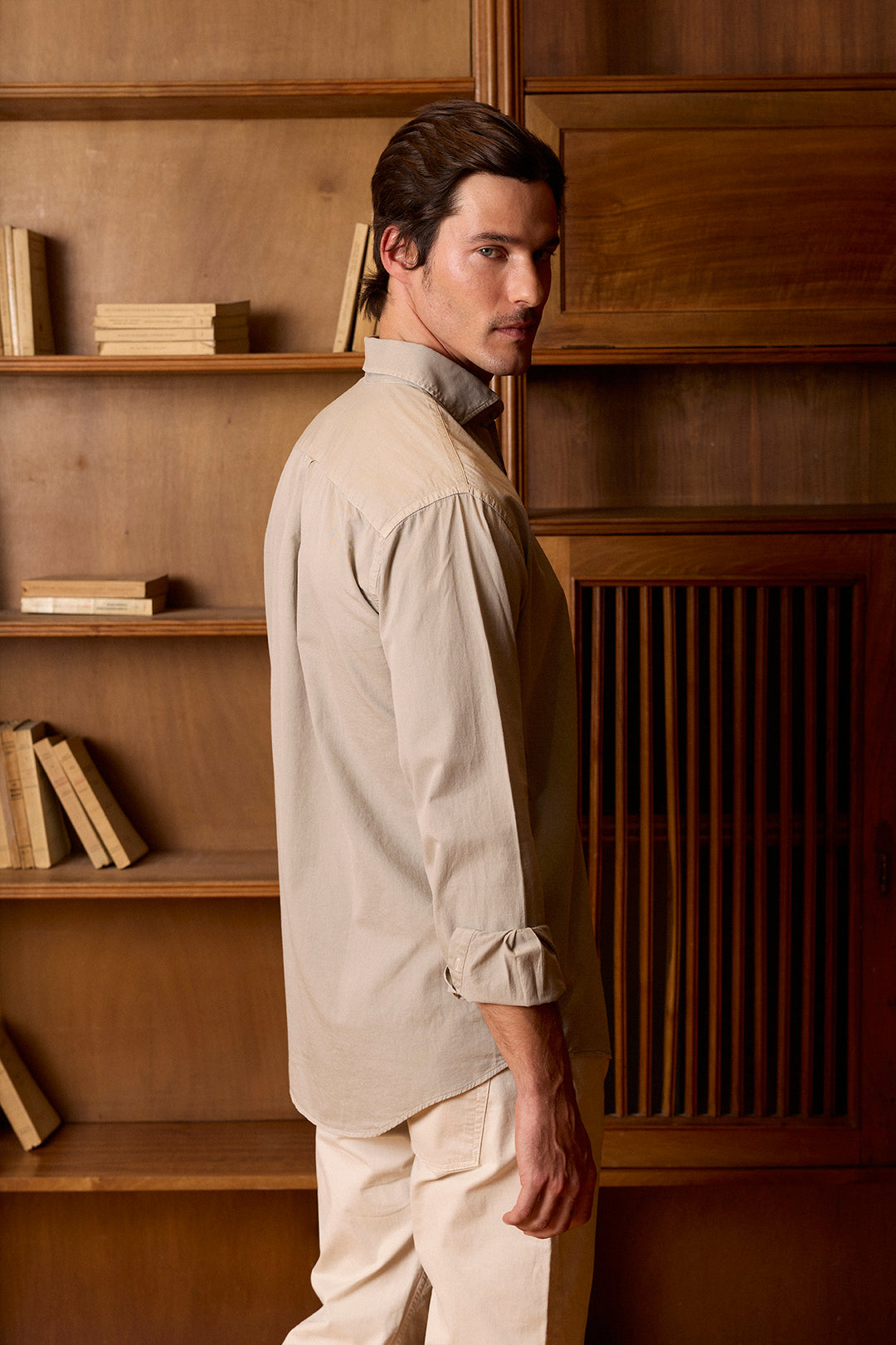 Sand Cotton Twill Shirt with Horn Button