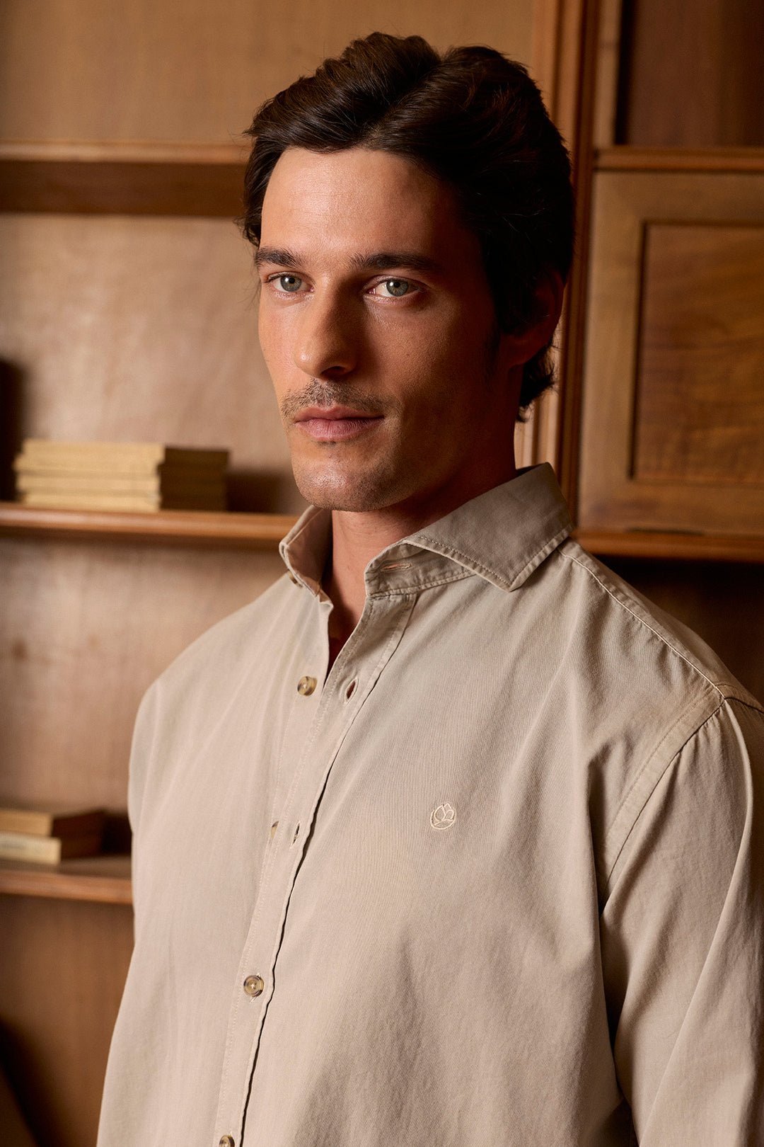 Sand Cotton Twill Shirt with Horn Button
