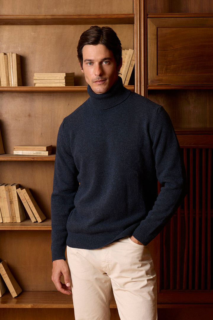 Worn Navy Blue Lambswool Turtleneck Sweater