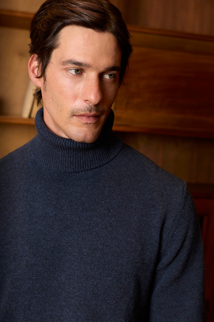 Worn Navy Blue Lambswool Turtleneck Sweater