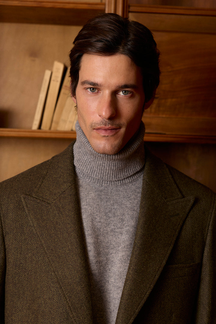 Abrigo Punta de Lanza 100% Lana Espiga Kaki Solapas 11 cm