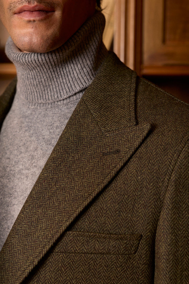 Abrigo Punta de Lanza 100% Lana Espiga Kaki Solapas 11 cm