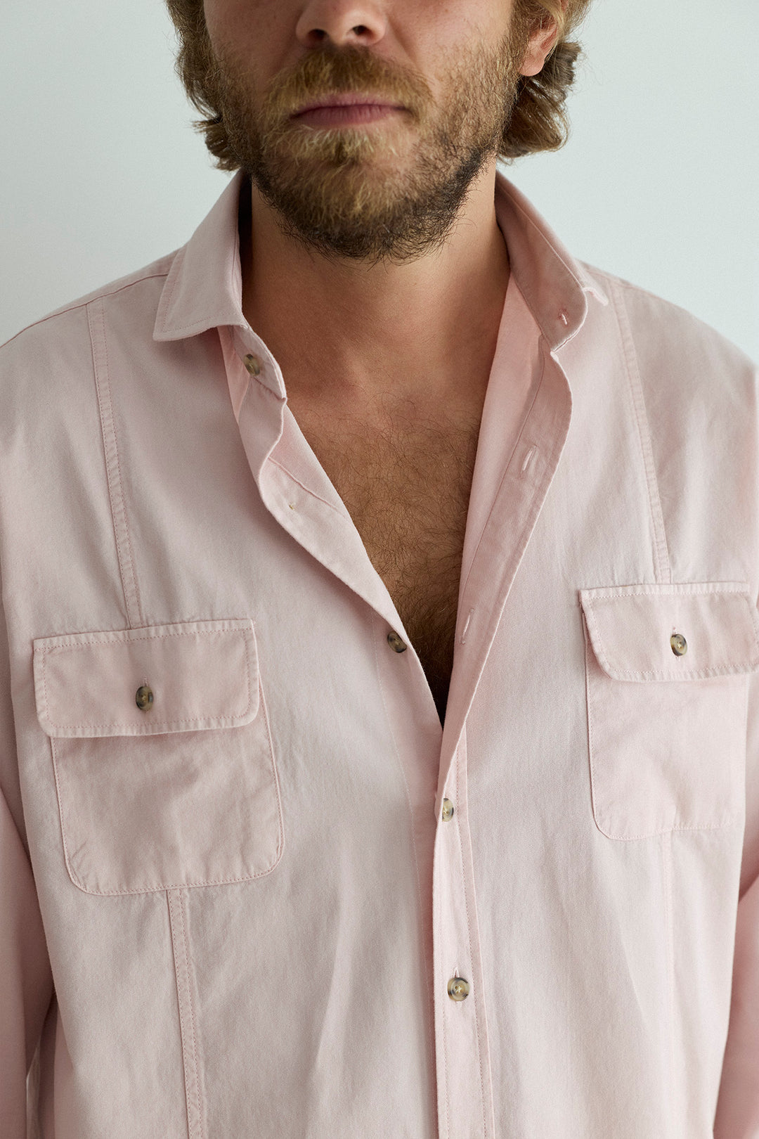 Camisa Algodón 2 Bolsillos Pecho Rosa Palo Costura Vertical