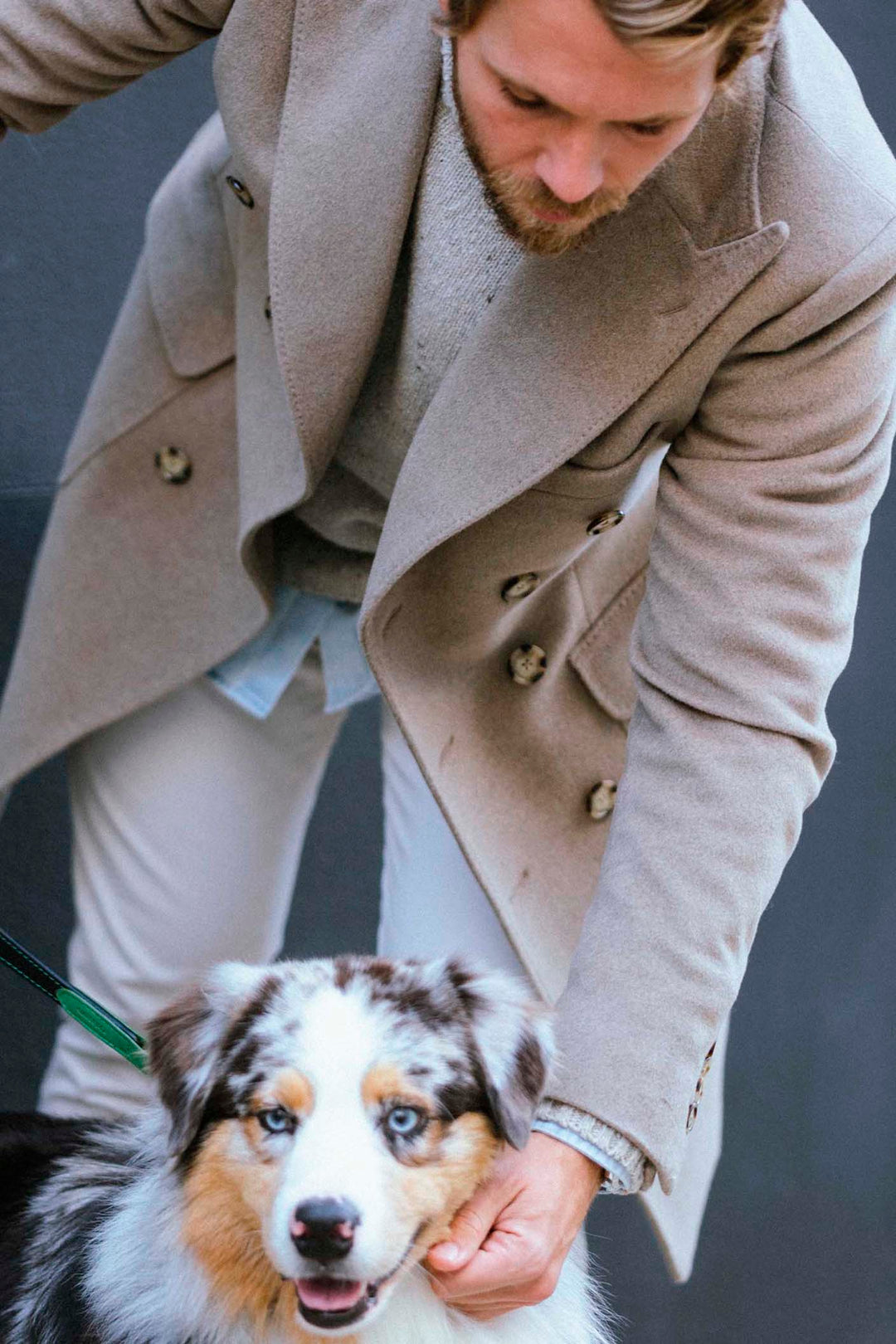 MTM Beige Double Breasted Coat with Spearhead Bottled Lapels