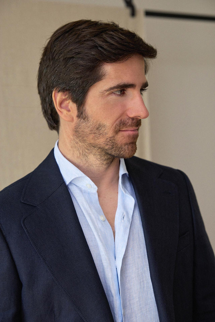 American Blue Herringbone Linen