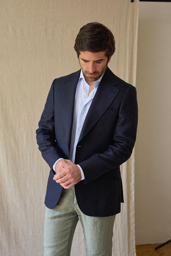 American Blue Herringbone Linen