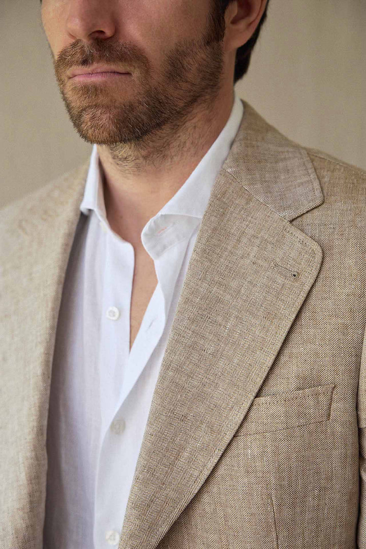 Beige Linen Herringbone Blazer