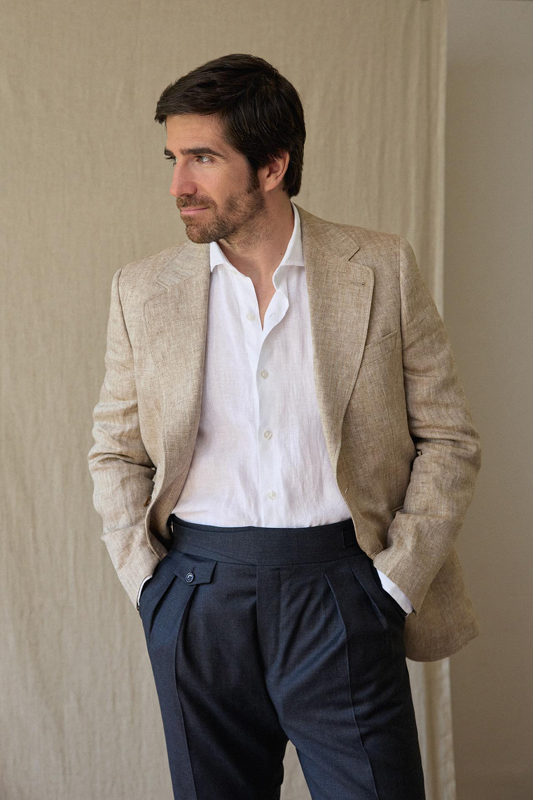Beige Linen Herringbone Blazer