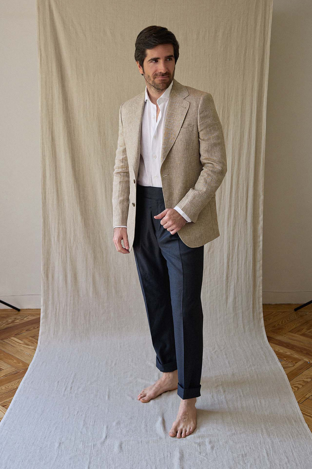 Beige Linen Herringbone Blazer