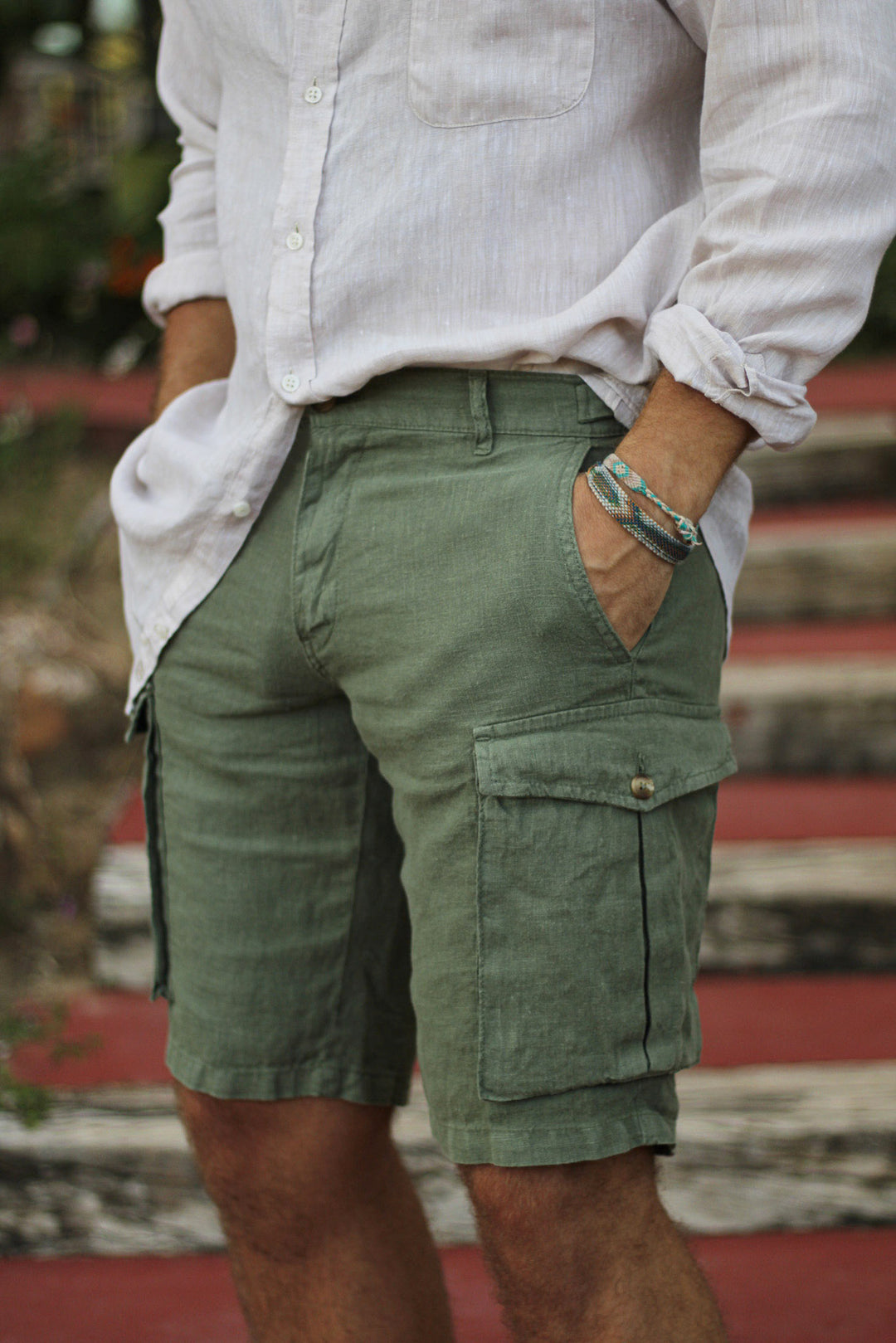 Bermuda Cargo Linen Green Hunting Belts