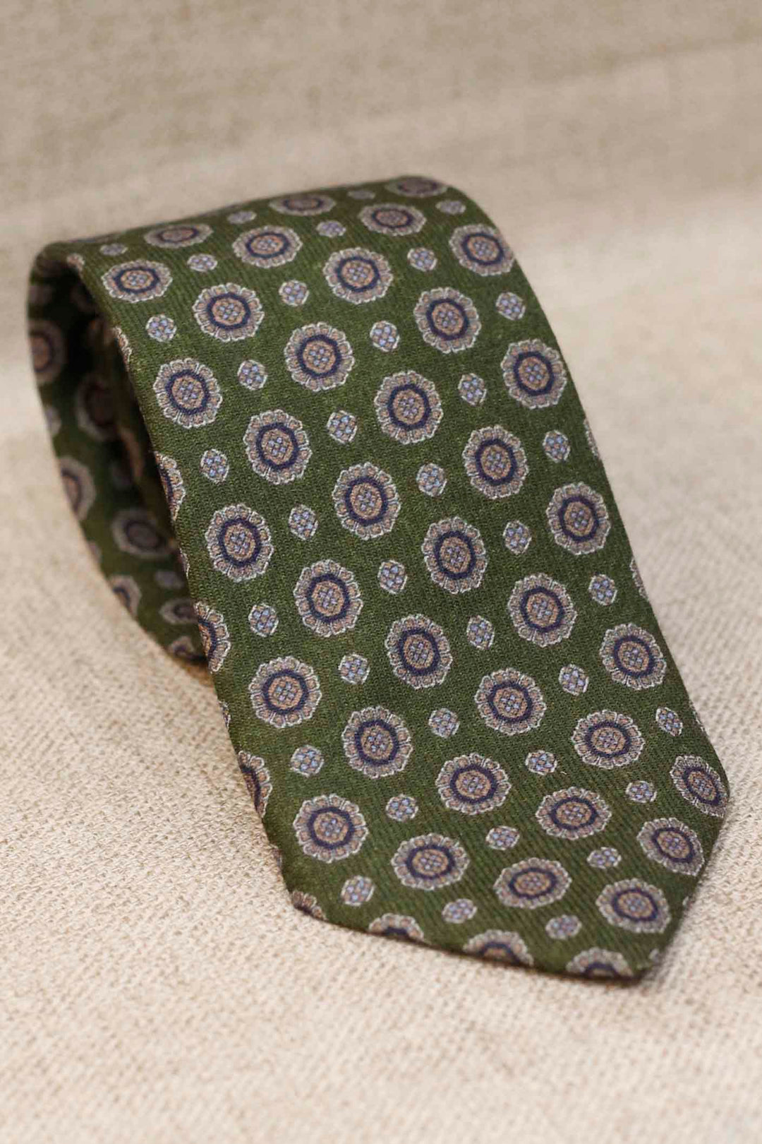 Napoli WOOL Tie Olive Green Octagonal Medallion Blue Tones and Sawdust