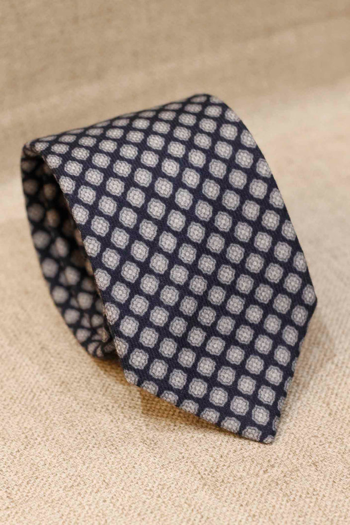 Napoli WOOL Tie Navy Blue Outlined White and Light Blue Daisies