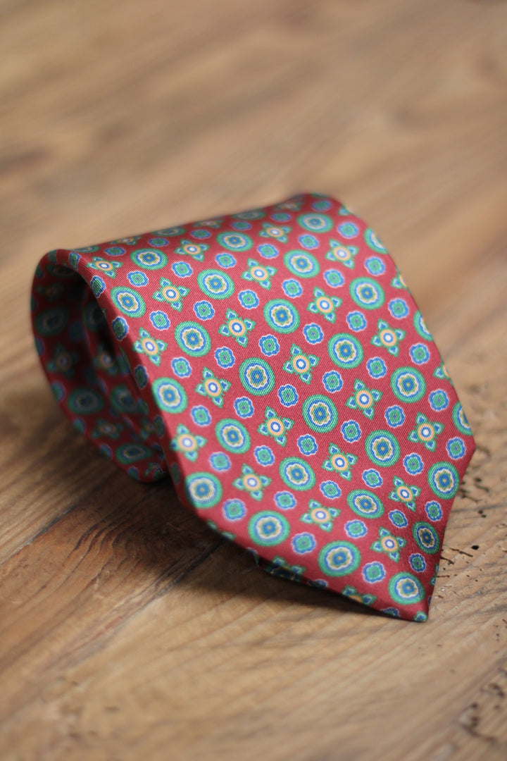 Burgundy Silk Seven-Fold Tie Small Shapes in Blue, White and Yellow 