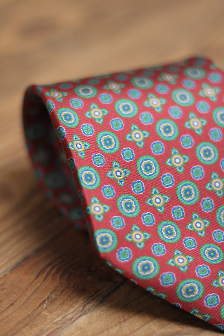 Burgundy Silk Seven-Fold Tie Small Shapes in Blue, White and Yellow 